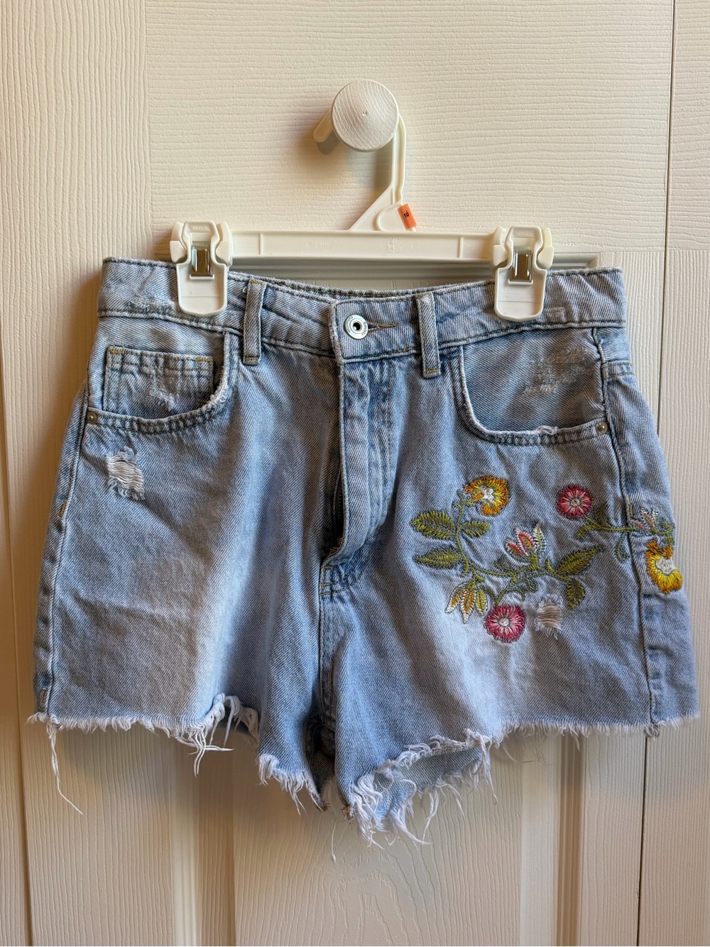 Bershka Light Blue Embroidered Denim Cutoff Shorts